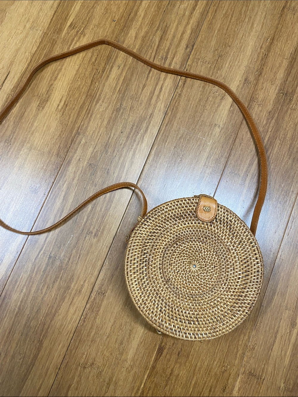Koret Round Rattan Woven Crossbody Bag in Tan